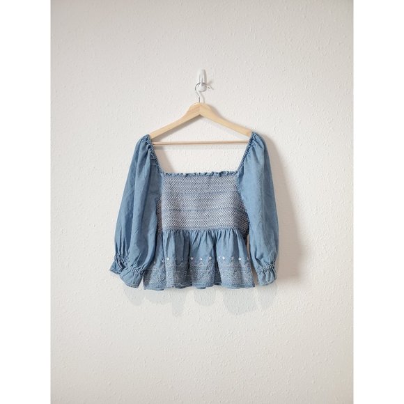 American Eagle Denim Embroidered Square Neck Smocked Top L - Picture 5 of 7